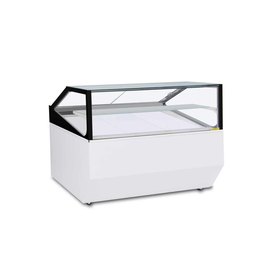 A white commercial display case with a glass top and black frame, shown on a plain white background.