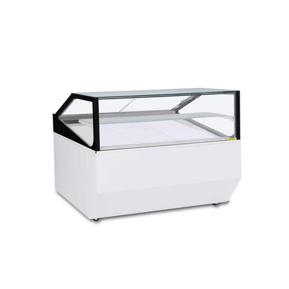 A white commercial display case with a glass top and black frame, shown on a plain white background.